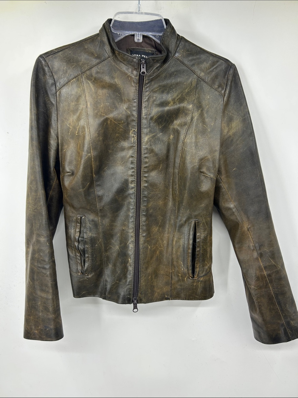 VTG VERA PELLE Distressed Leather Motorcycle Jacket Brown Size S